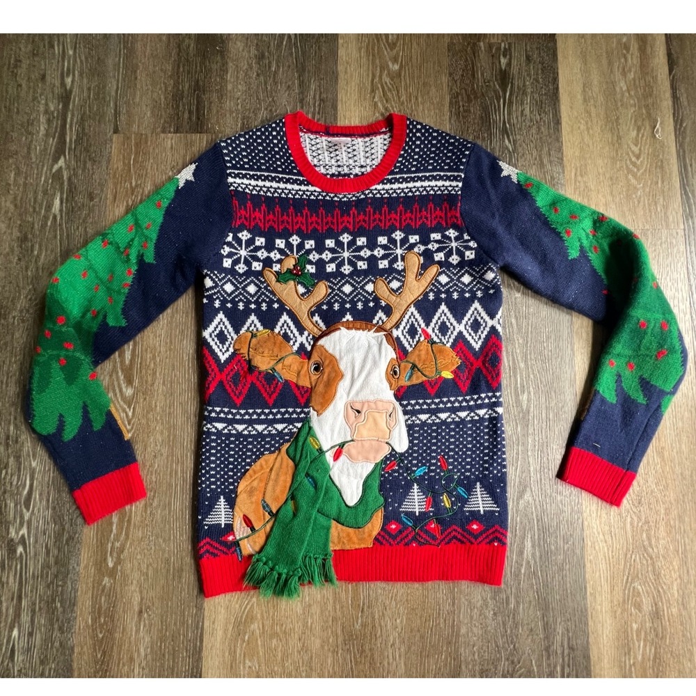 Holiday Time Ugly Christmas Sweater Men Small Blue Cow Reindeer Fair Isle